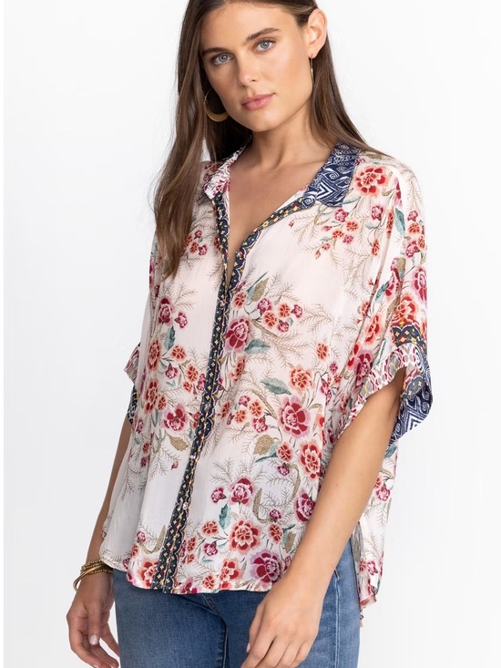 Johnny Was Tops - Johnny Was: Aztec Lynn Top: Floral Blouse in Pink & White Size Small